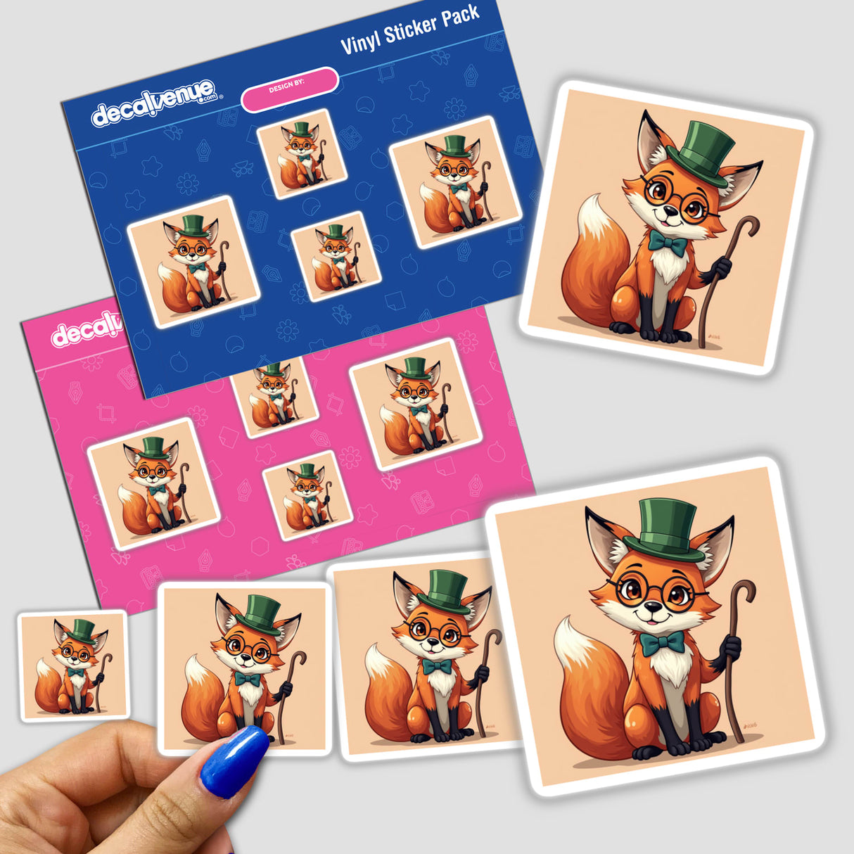 Dapper Fox with Monocle and Green Top Hat sticker pack featuring cartoon foxes wearing hats and glasses, available as stickers or digital artwork from Decal Venue.