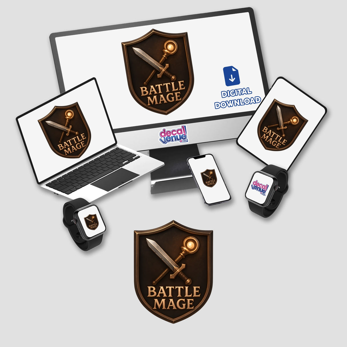 Battle Mage – RPG-Style Skill Badge features a hybrid crest design, offered as distinctive stickers or digital artwork. Perfect for fans of unique vinyl art from Decal Venue.