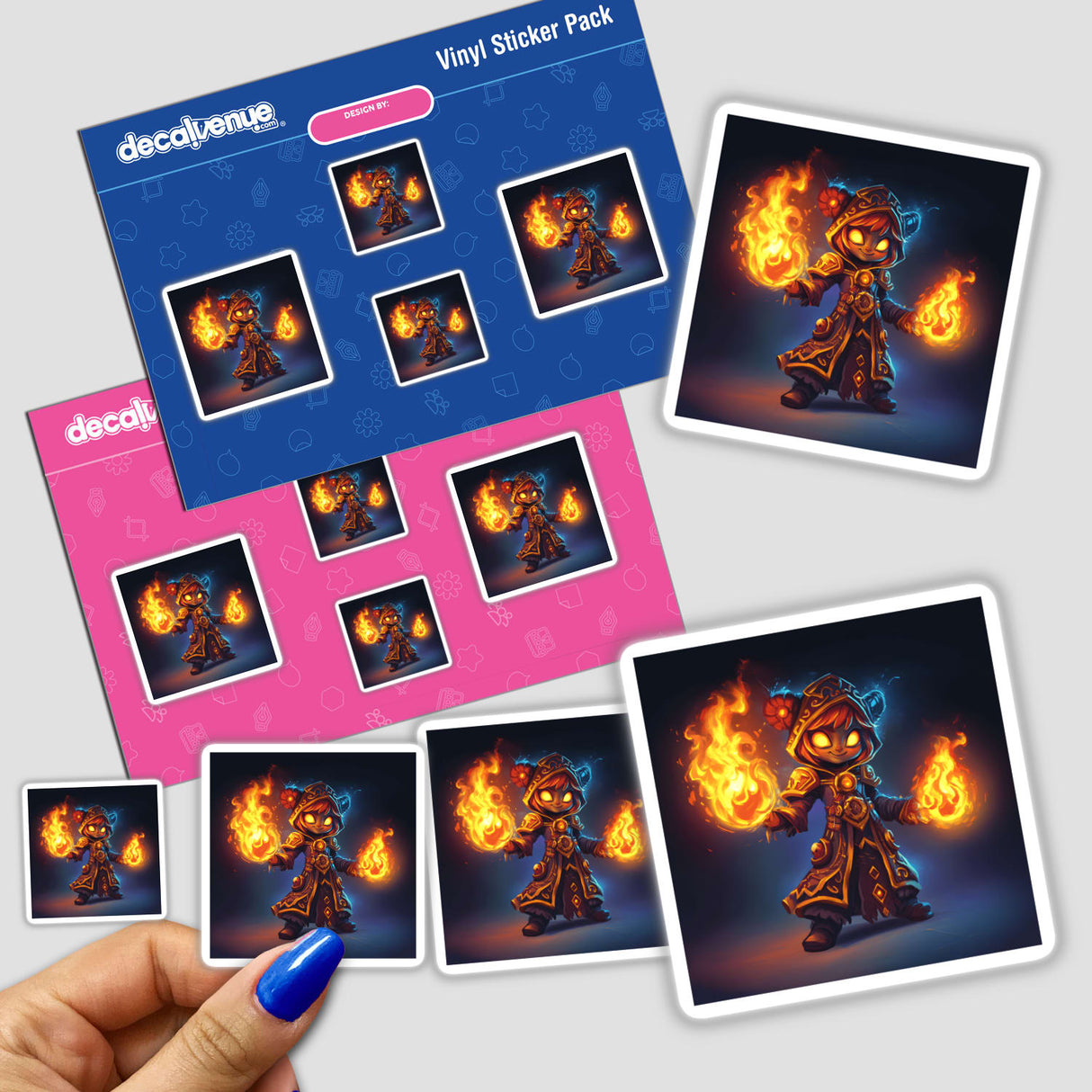 Hand holding a sticker pack featuring the Fire Mage with Summoned Flame Elemental cartoon character, showcasing fiery hands and dynamic poses.