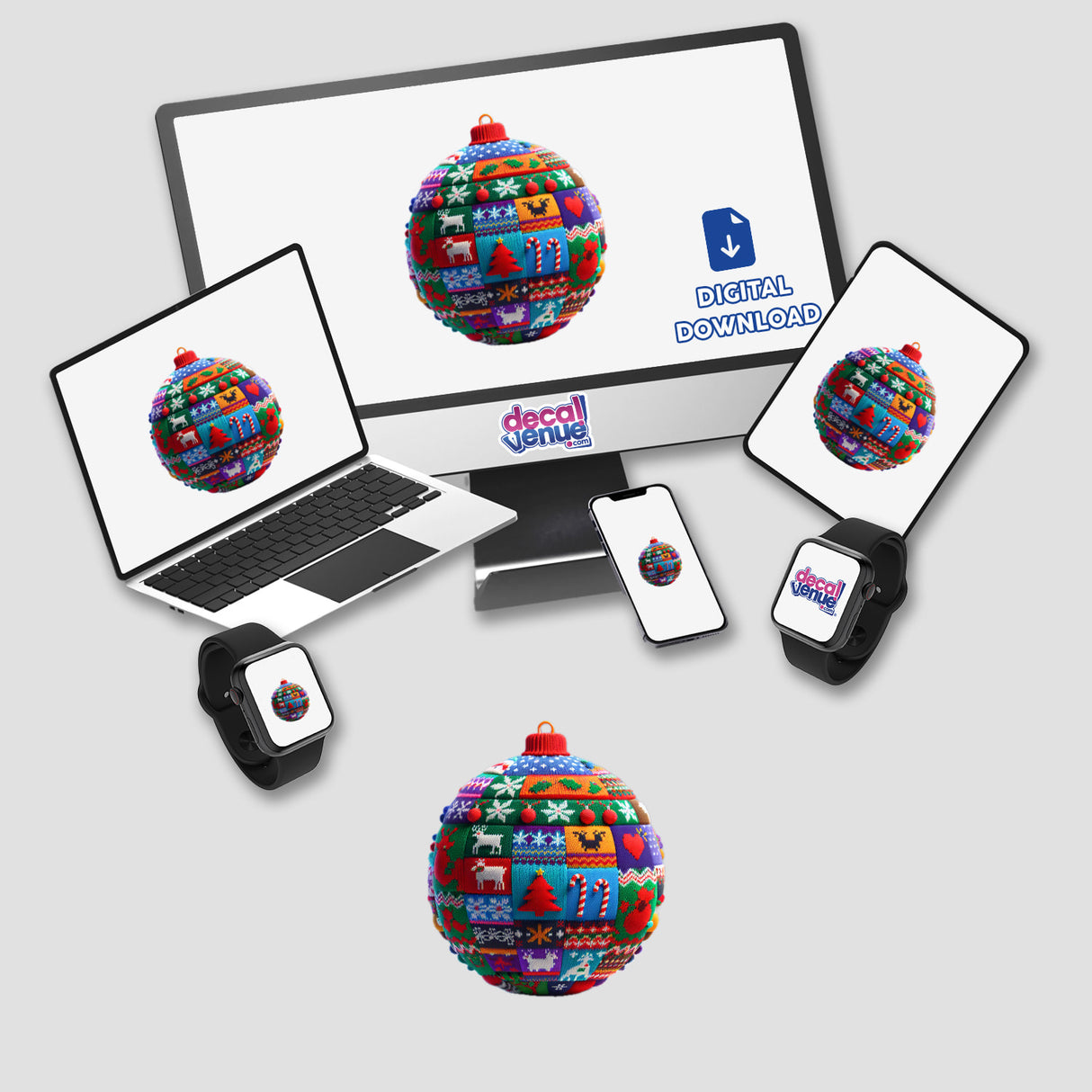 Ornament Ball Ugly Christmas Sweater Style displayed on a computer monitor and laptop, showcasing its availability as stickers or digital artwork.