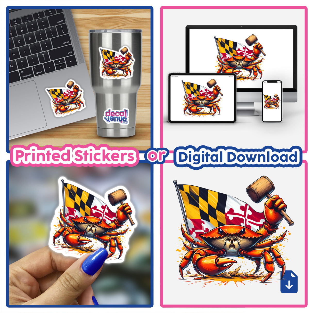 Maryland Steamed Crab Mallet Splatter sticker featuring a cartoon crab holding a mallet and flag, shown on a laptop and phone, available as a sticker or digital download.