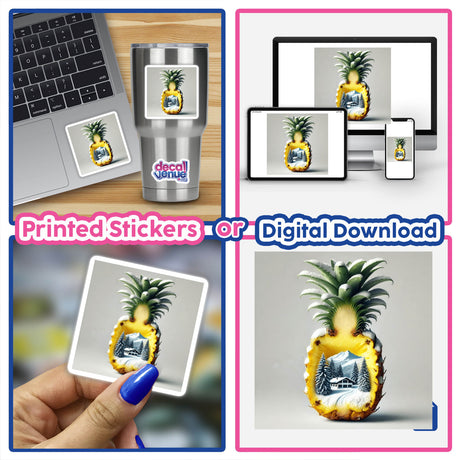 Collage of a pineapple with snow-covered mountains and a house inside, titled Winter Wonderland - Snow Covered Mountain Inside a Pineapple. Available as stickers or digital artwork.