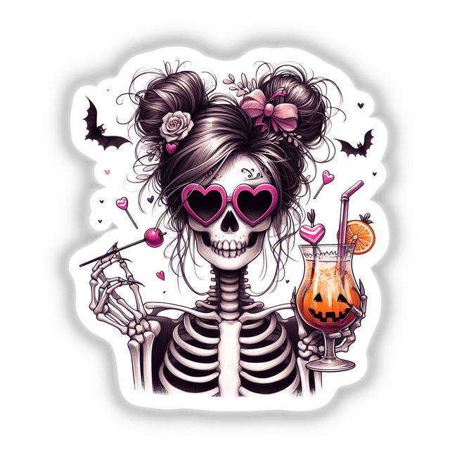 Spooky skeleton girl with space buns, heart-shaped sunglasses, and a Halloween-themed cocktail, available as stickers or digital downloads