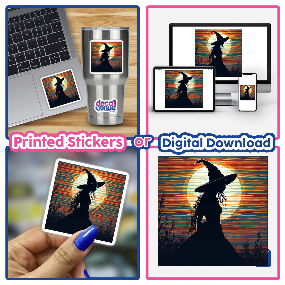 Witch Silhouette with Vibrant Stripes Halloween digital artwork collage, featuring diverse images of laptops, close-ups of fingers, and silhouettes, available as unique stickers and digital art from Decal Venue.