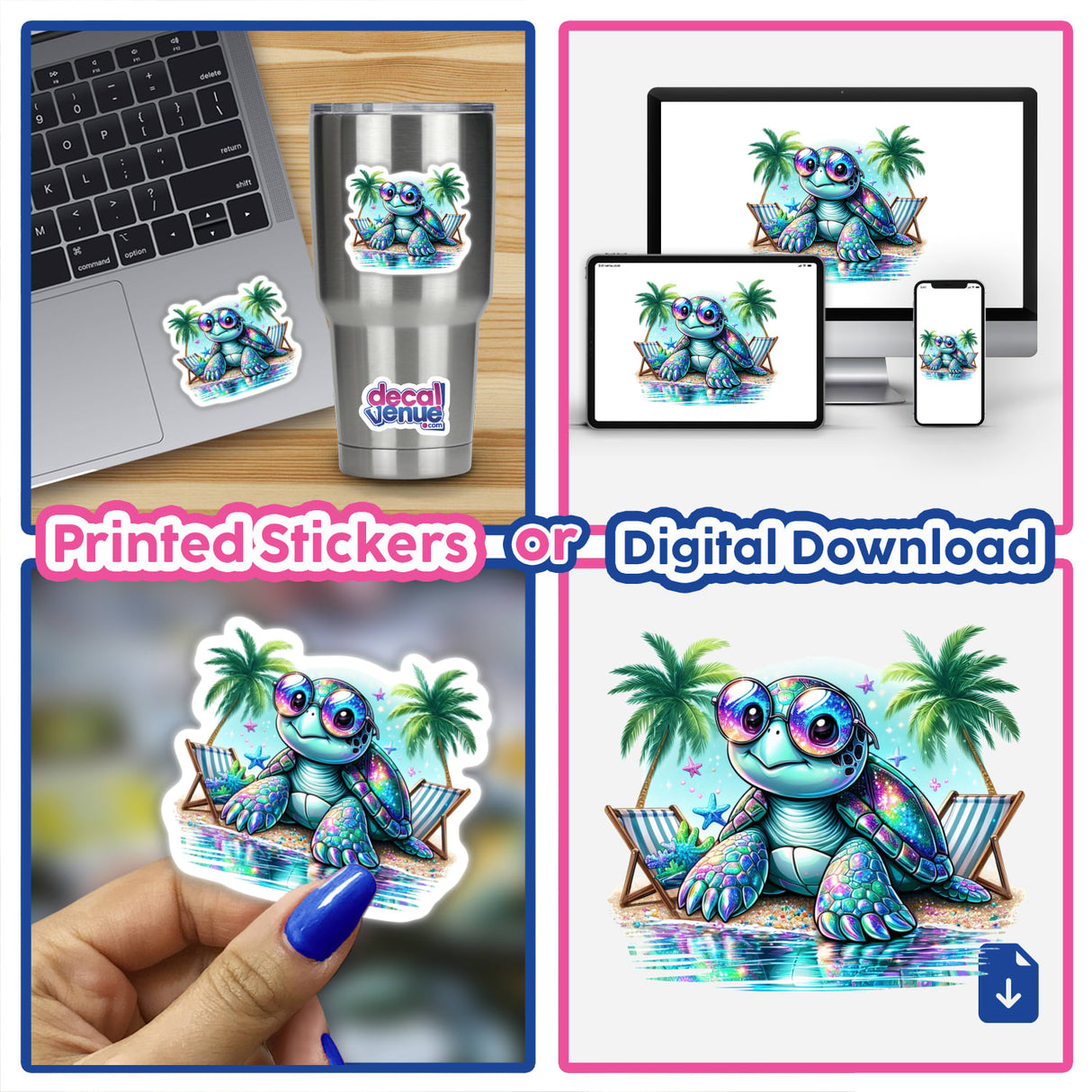 Collage featuring Reflecting Holographic Color Beach Sea Turtle stickers on various surfaces, including a laptop and cup, highlighting the vibrant, playful design of this unique product from Decal Venue.