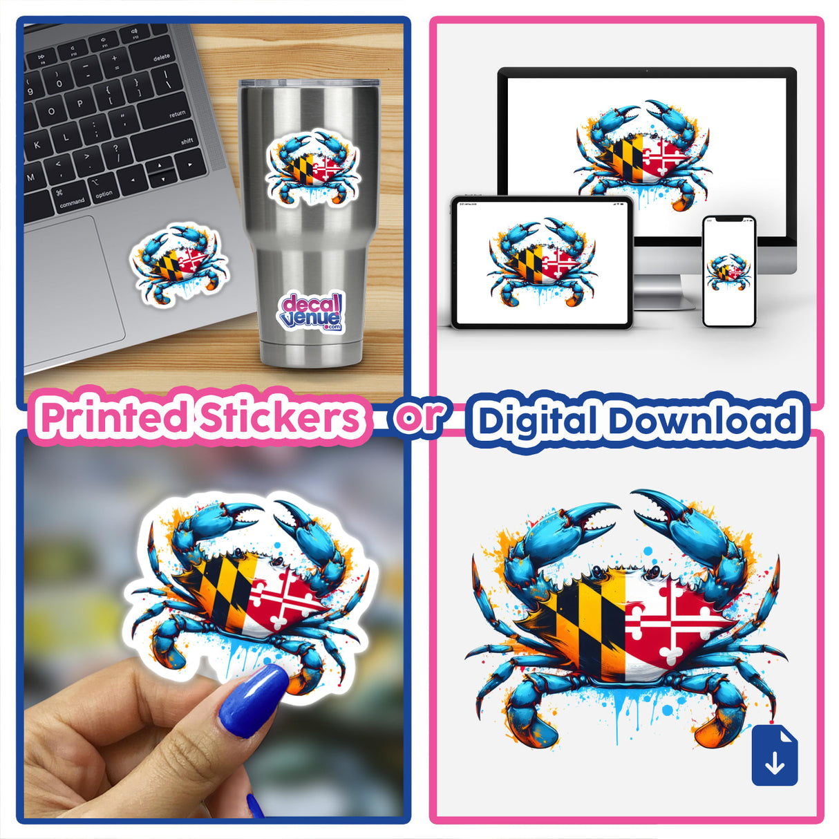 Maryland Flag Splatter Crab sticker collage, featuring a hand holding the sticker, a crab with a flag decal on a laptop, and a close-up of the intricate design.