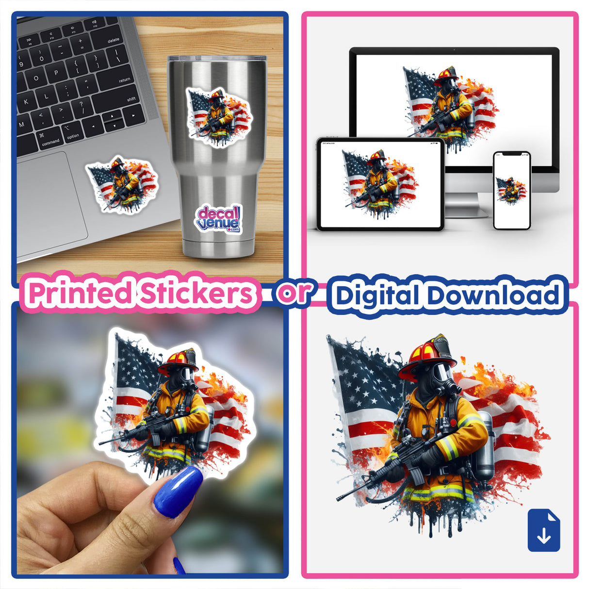 Firefighter American Flag sticker collage featuring a fireman, laptop, and close-up decal. Available as vinyl stickers or digital artwork from Decal Venue.