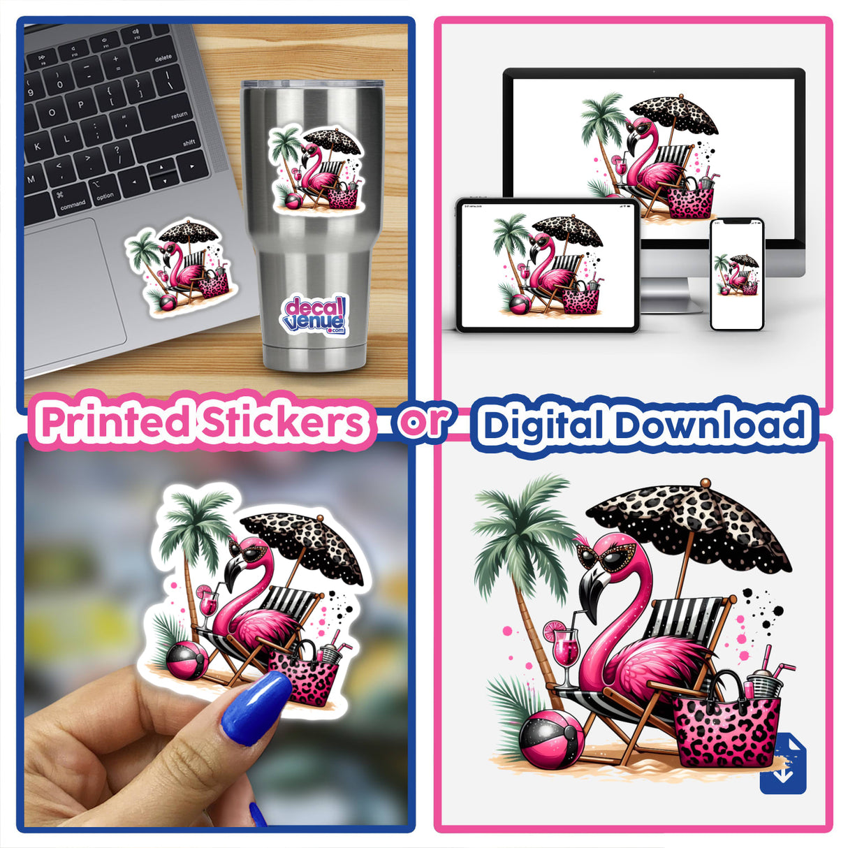 Sassy Flamingo Sitting Under Leopard Beach Umbrella sticker, featuring a cartoon flamingo lounging on a chair with a beach bag and umbrella, available as vinyl stickers or digital artwork.