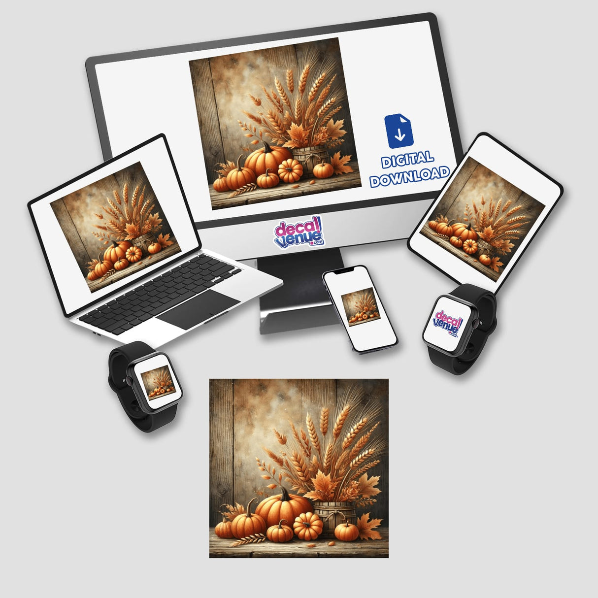 Autumn Harvest - Cozy Scene with Pumpkins and Wheat depicted on various devices including a laptop, tablet, and phone. Available as stickers or digital artwork.