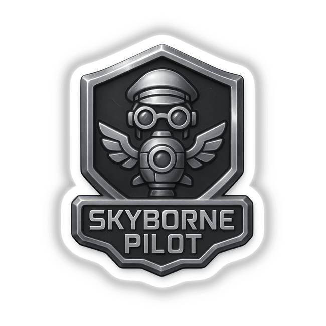 Skyborne Pilot – RPG-Style Skill Badge features a silver steampunk crest, available as stickers or digital artwork, embodying Decal Venue's unique vinyl and digital art offerings.