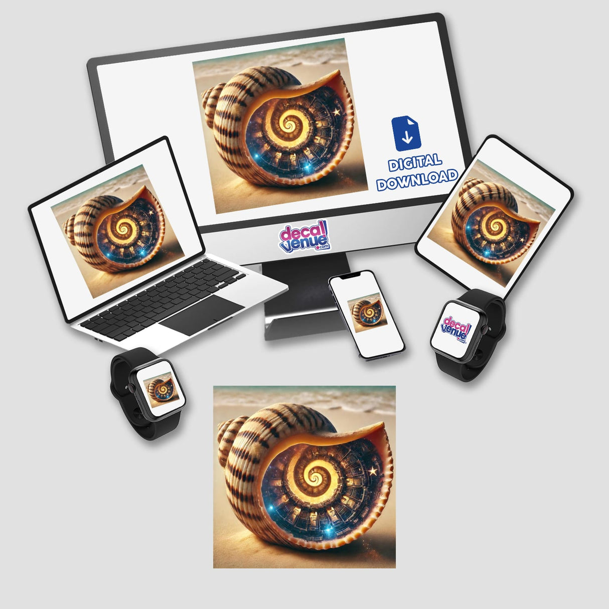 Computer monitor and laptop displaying the Galactic Shipwreck Spaceship Ruins Inside a Seashell digital artwork.