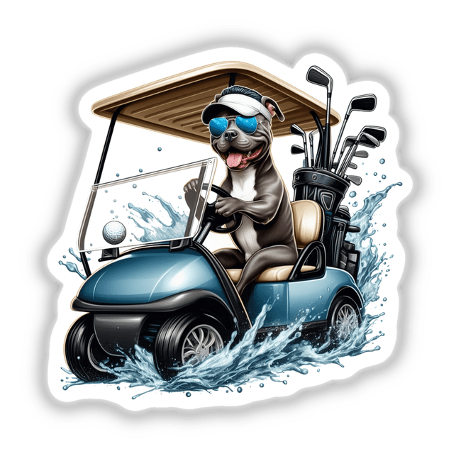 Pitbull Dog Driving Golf Cart: A whimsical sketch of a pitbull joyfully steering a golf cart, available as unique vinyl stickers or digital artwork from Decal Venue.