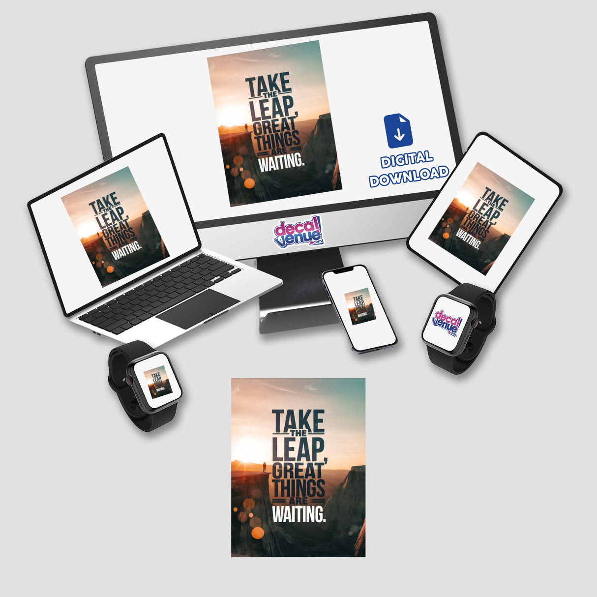 Take the leap, great things are waiting: a digital artwork featuring a computer monitor, laptop, and tablet, showcasing a captivating design available as stickers or digital art.