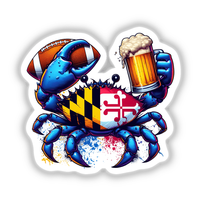 Maryland Crabs Football and Beer sticker features a cartoon crab holding a beer mug and football, embodying a playful and vibrant design typical of Decal Venue's unique vinyl stickers and digital art.