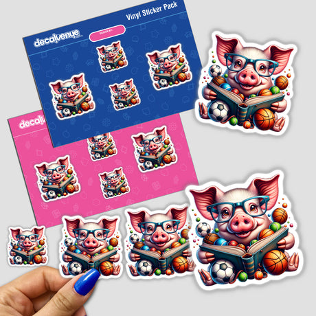 Cute Pig Reading a Book with Glasses and Sports Balls stickers; features a cartoon pig in glasses engrossed in a book, surrounded by playful sports balls, perfect for versatile decor.
