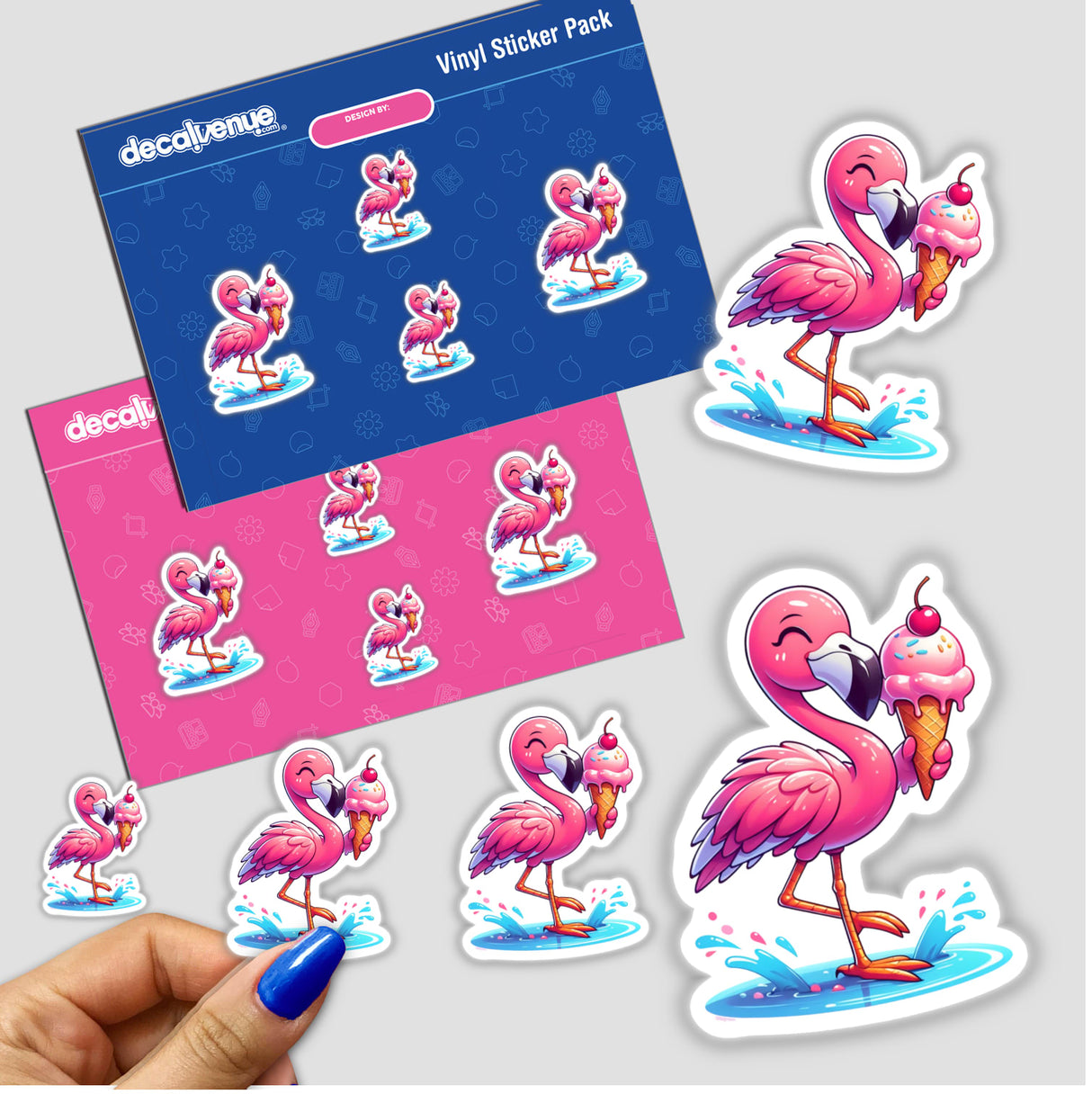 Summertime Flamingo with Ice Cream Cone sticker features a cartoon flamingo joyfully holding an ice cream cone, perfect for adding a playful touch to any surface. Available as stickers or digital artwork.