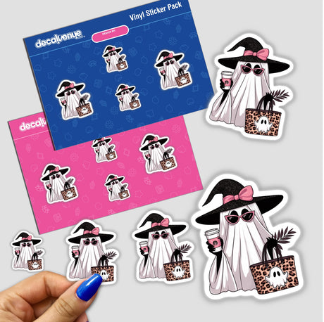 Sticker of a cartoon ghost holding a coffee cup and a bag, titled Boujee Ghost Leopard Tote and Coffee, available as a sticker or digital artwork from Decal Venue.
