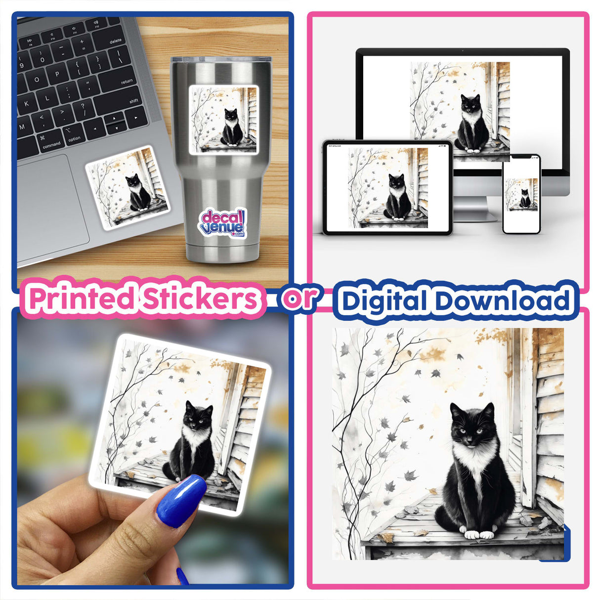 Cat on Autumn Porch Sumi-e Japanese Ink Wash available as stickers or digital artwork, depicting a serene feline in traditional Japanese ink style, perfect for enhancing spaces with artistic charm.