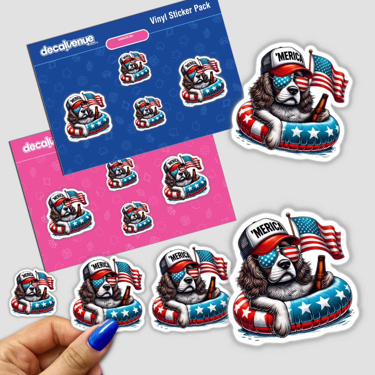 Sticker pack featuring a Cocker Spaniel wearing a hat and sunglasses, holding an American flag and beer, floating in a pool. Available as stickers or digital artwork.