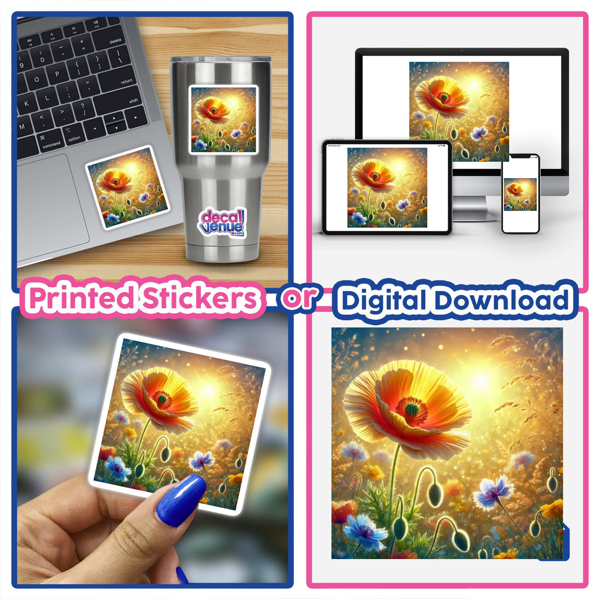 Golden Poppy - Sun-Kissed Meadow Delight: Collage featuring vibrant flowers and digital devices, available as stickers or digital artwork, showcasing a harmonious blend of nature and technology.