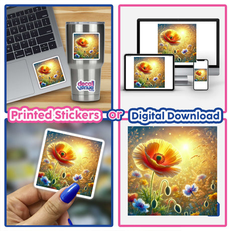 Golden Poppy - Sun-Kissed Meadow Delight: Collage featuring vibrant flowers and digital devices, available as stickers or digital artwork, showcasing a harmonious blend of nature and technology.