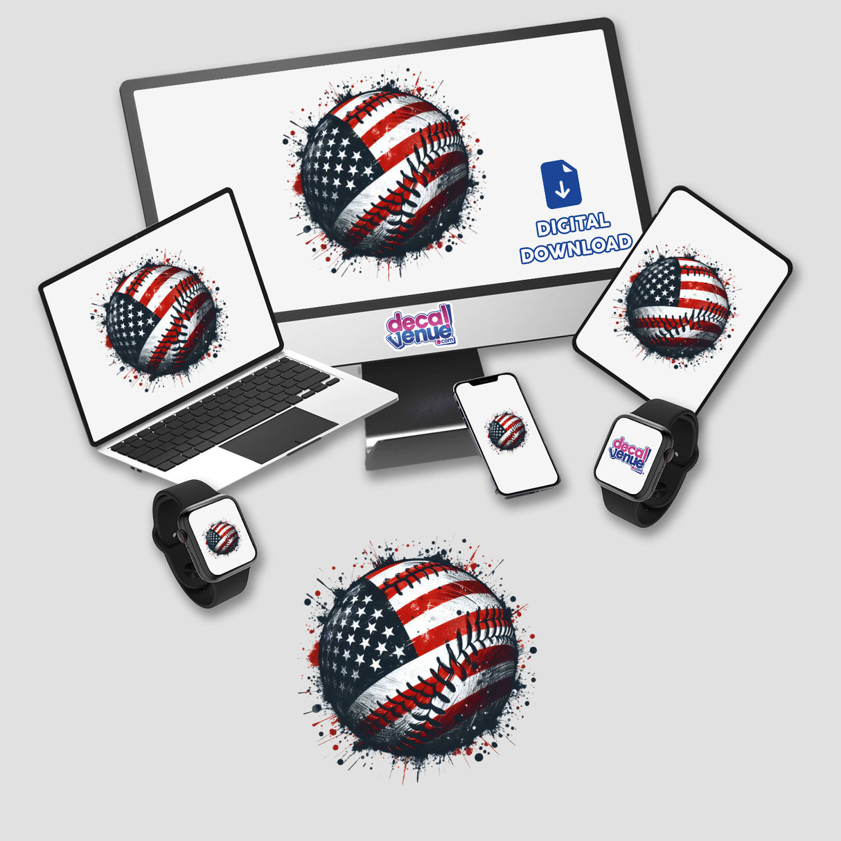 American Flag Baseball Splatter II on a computer monitor and laptop, showcasing a baseball with a painted flag design. Available as stickers or digital artwork from Decal Venue.
