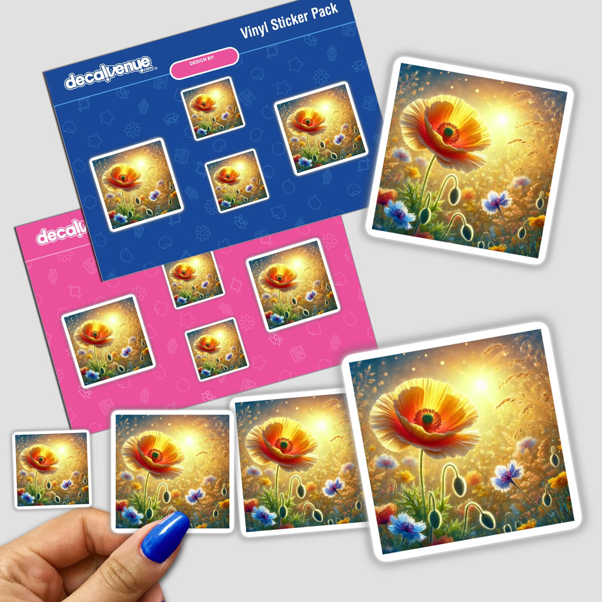 Hand holding a sticker pack titled Golden Poppy - Sun-Kissed Meadow Delight, featuring various close-up floral designs.