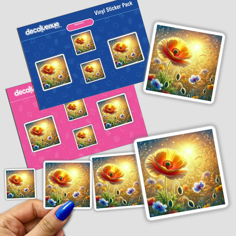 Hand holding a sticker pack titled Golden Poppy - Sun-Kissed Meadow Delight, featuring various close-up floral designs.