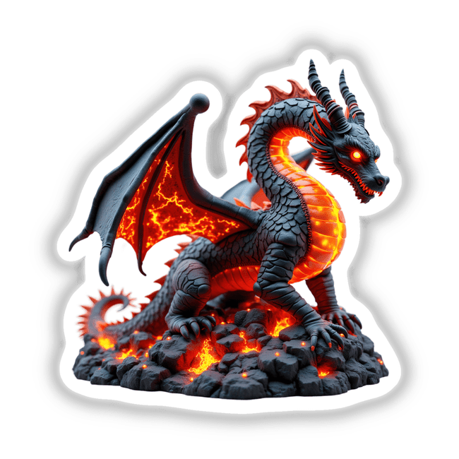 Molten Lava Dragon statue depicted with glowing eyes and intricate flames, available as stickers or digital artwork from Decal Venue, specializing in unique designs.