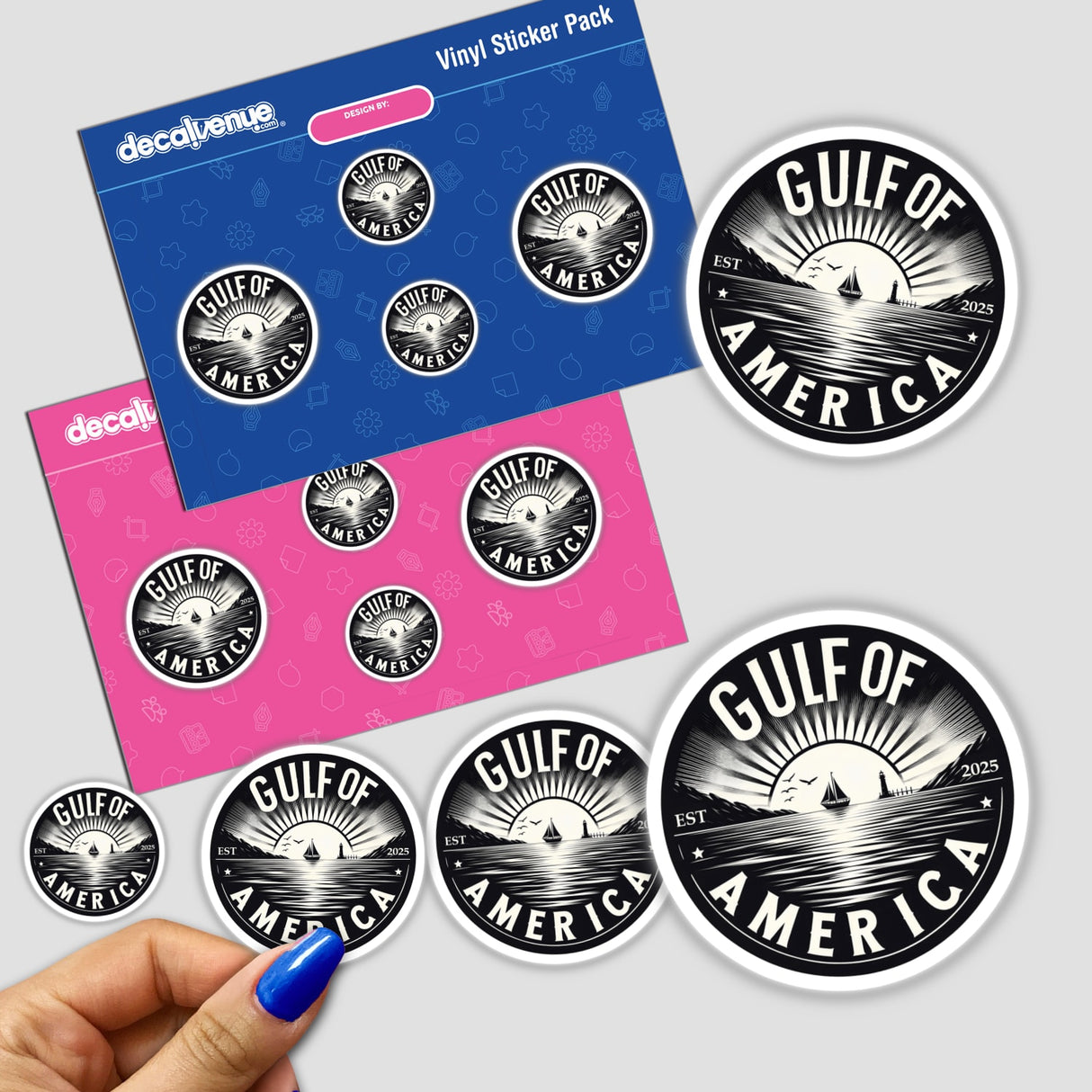 Hand holding a Gulf of America Est 2025 sticker featuring a black and white logo with a sun and sailboat on water, available as a sticker or digital artwork.