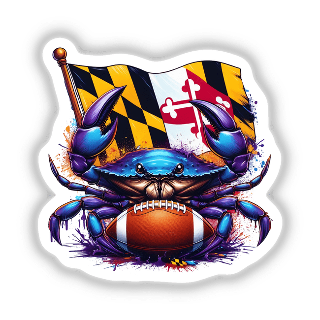 Protect This House Purple Football Maryland Crab illustration showcases a cartoon crab holding a football and flag, available as unique stickers or digital artwork from Decal Venue.
