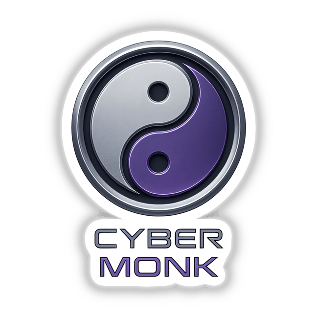 Cyber Monk – RPG-Style Skill Badge featuring a silver and violet digital Yin-Yang design, available as stickers or digital artwork, embodying a unique and detailed aesthetic from Decal Venue.