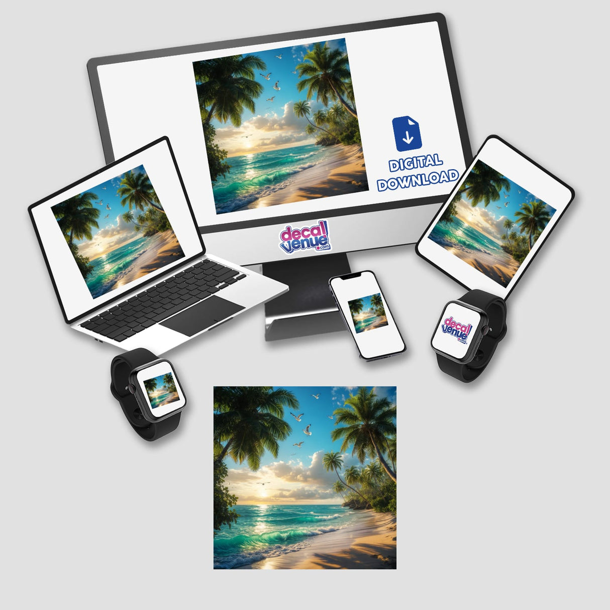 Tropical Breeze Seagulls Over Ocean Shore digital artwork featuring a tranquil beach scene with palm trees and seagulls, available as unique stickers or digital art from Decal Venue.