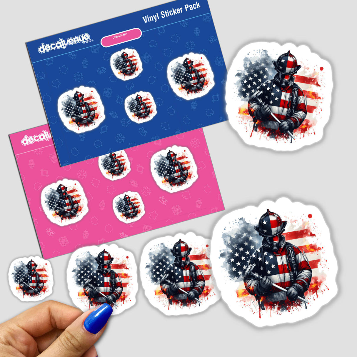 Patriotic American flag stickers featuring a firefighter silhouette, displayed against a pink and blue background. The stickers showcase the American flag design with a firefighter emblem, showcasing an artistic and bold design style.