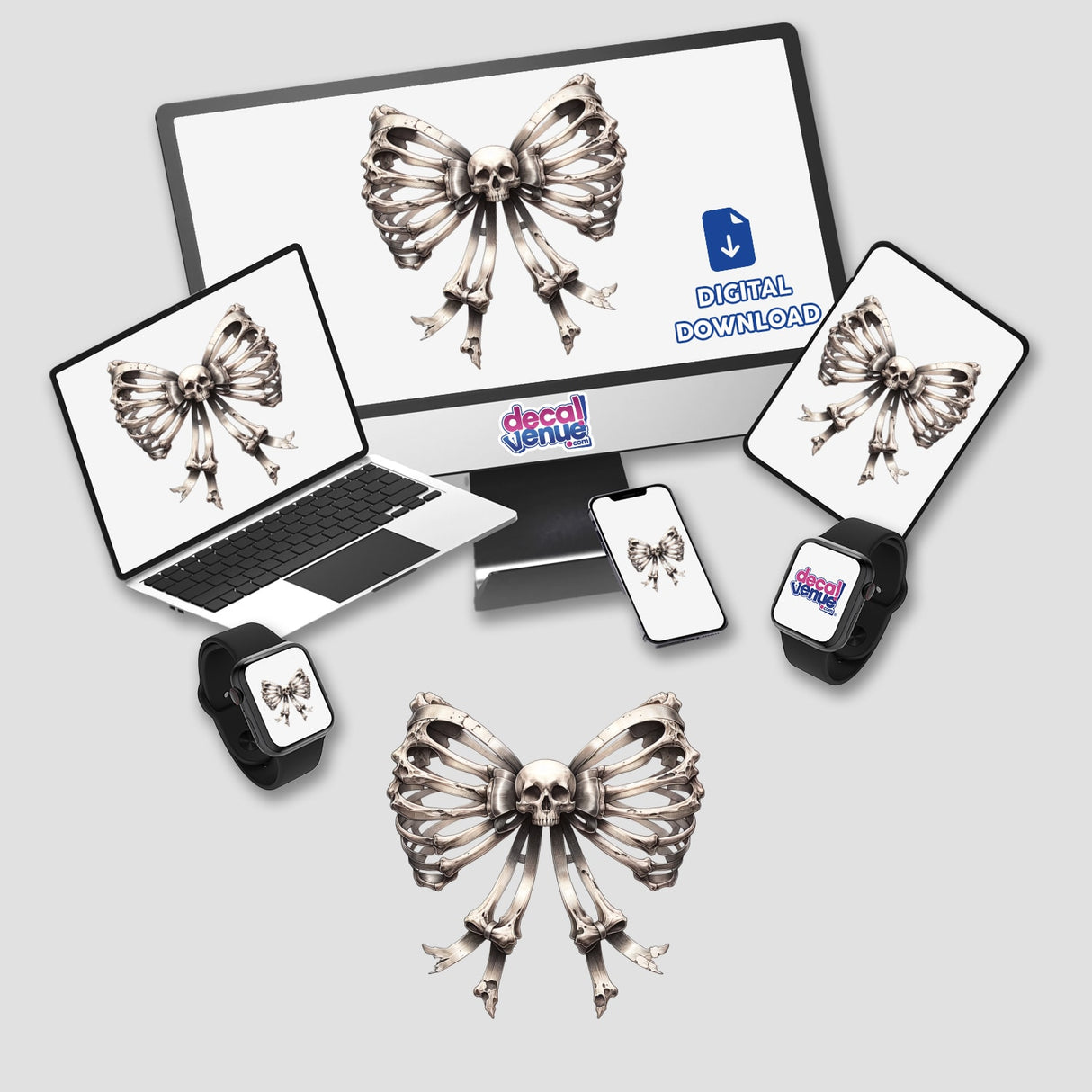 Elegant black and white butterfly bow illustration, available as a digital download from Decal Venue, a store offering unique stickers and digital art.