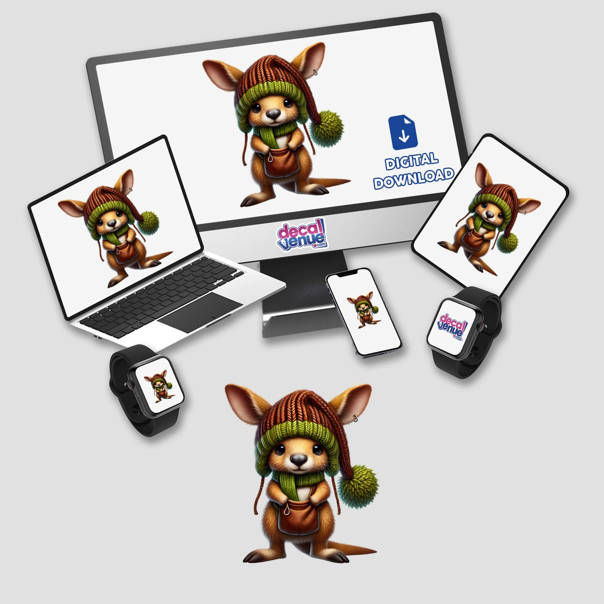 Kangaroo Gnome with Pouch on laptop screen, featuring a cartoon kangaroo wearing a hat and scarf. Available as stickers or digital artwork.