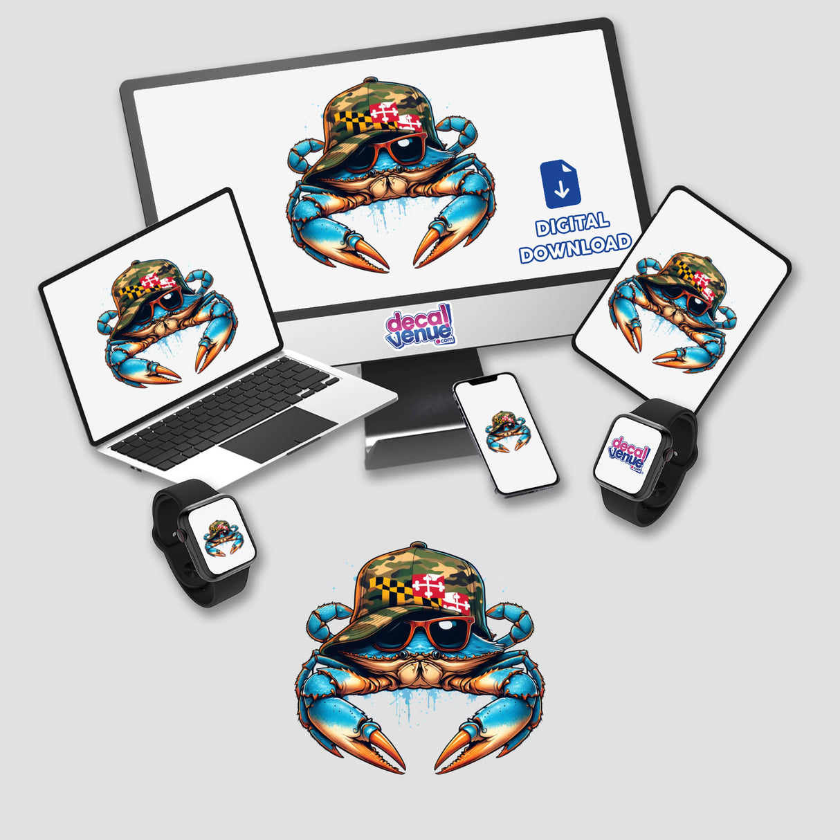 Maryland Redneck Blue Crab depicted as a detailed sticker or digital artwork, featuring a whimsical crab design. Perfect for adding unique flair, reflecting Decal Venue's creative vinyl sticker and digital art offerings.