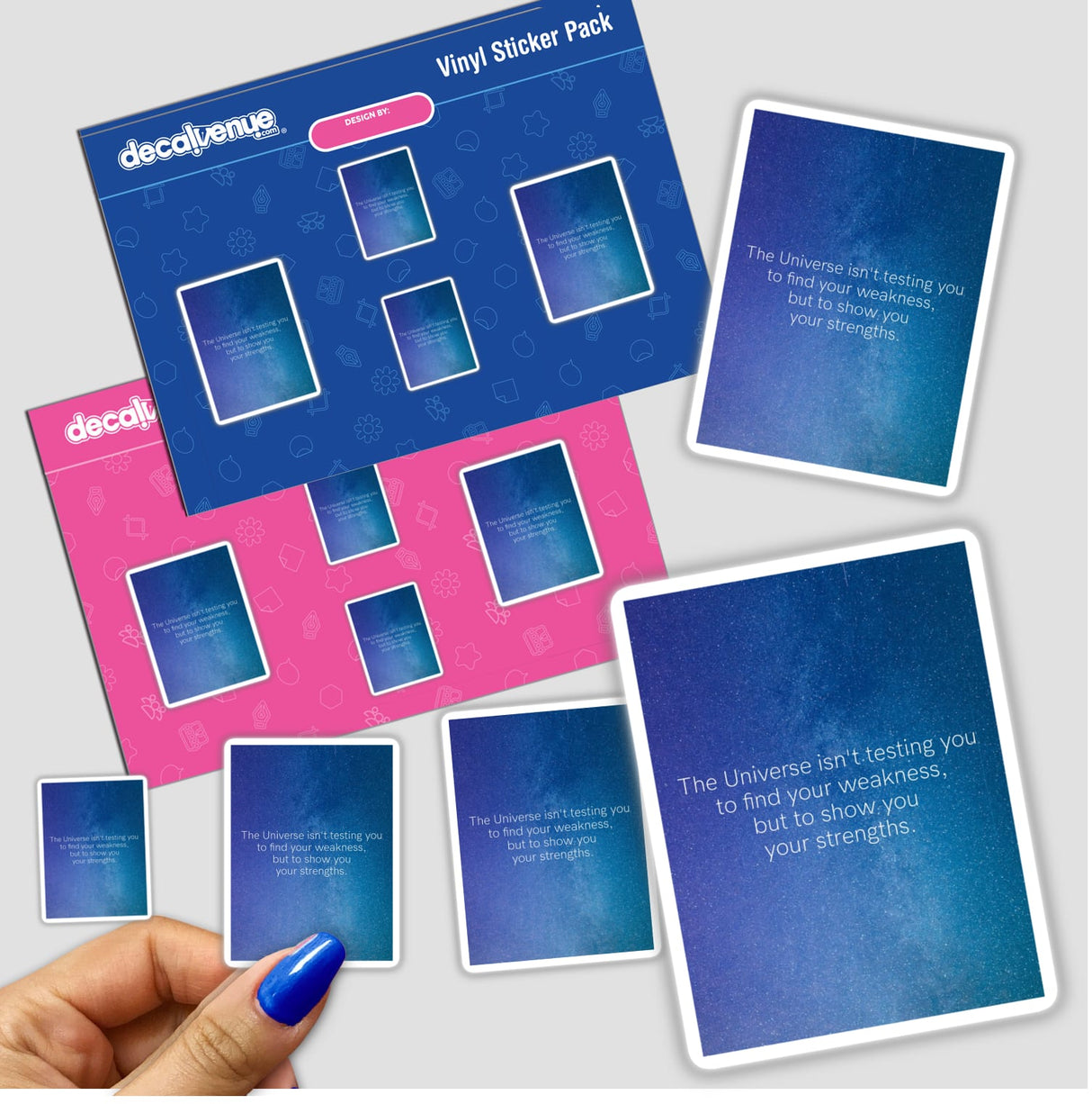 Product titled The Universe isn't testing you to find your weakness, but to show you your strengths. features a cosmic night sky with stars and an inspirational quote in bold, white text; available as stickers or digital artwork.