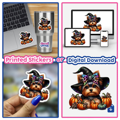 Halloween Yorkie Witch with Pumpkins sticker featuring a dog in a witch hat, perfect for laptops or digital artwork.