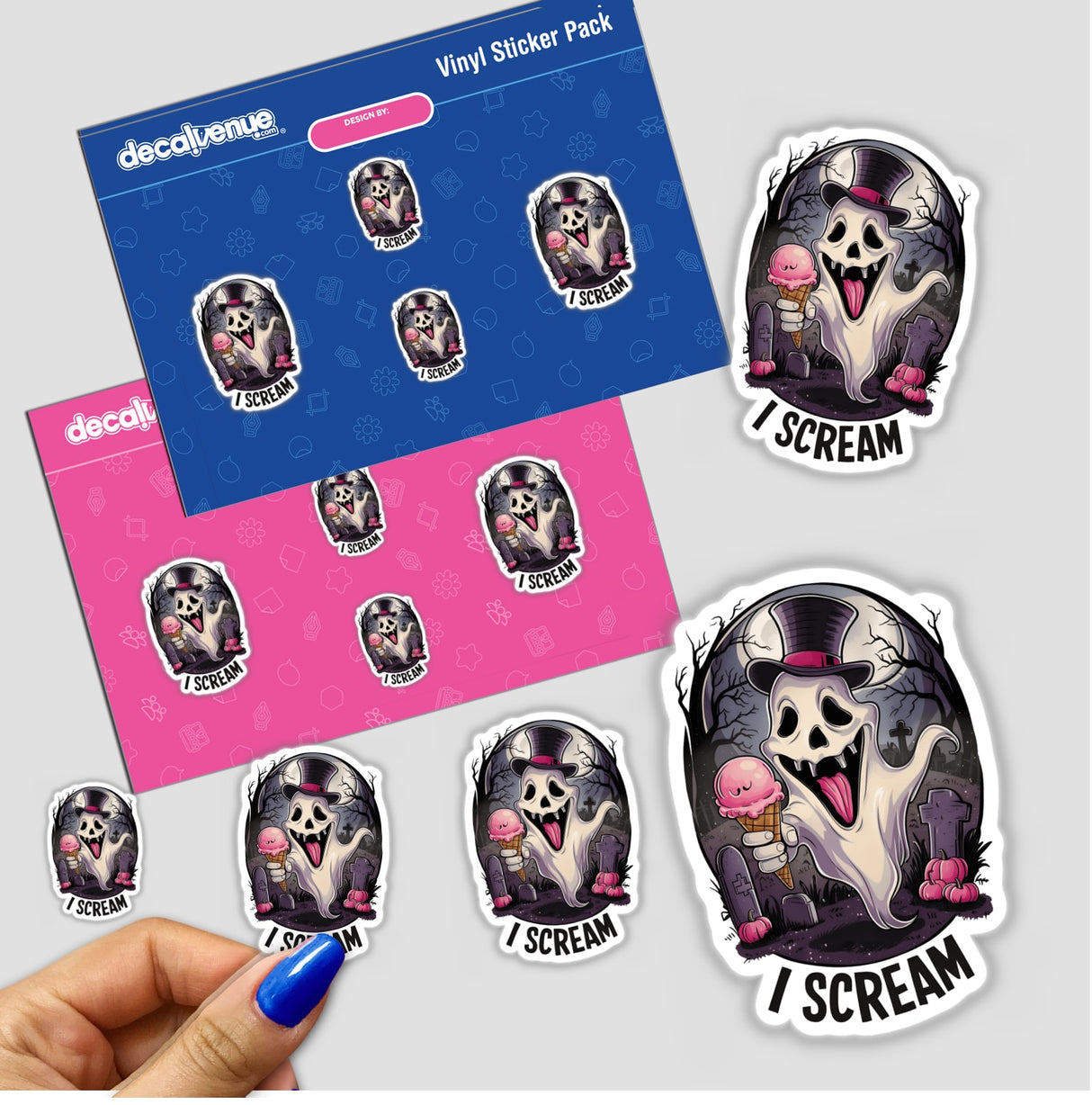 Creepy Halloween ghost sticker pack featuring unique ghostly designs with skulls, fangs, and the text "I Scream" displayed prominently. The stickers are placed against a vibrant pink and blue background, offering a spooky yet eye-catching visual.