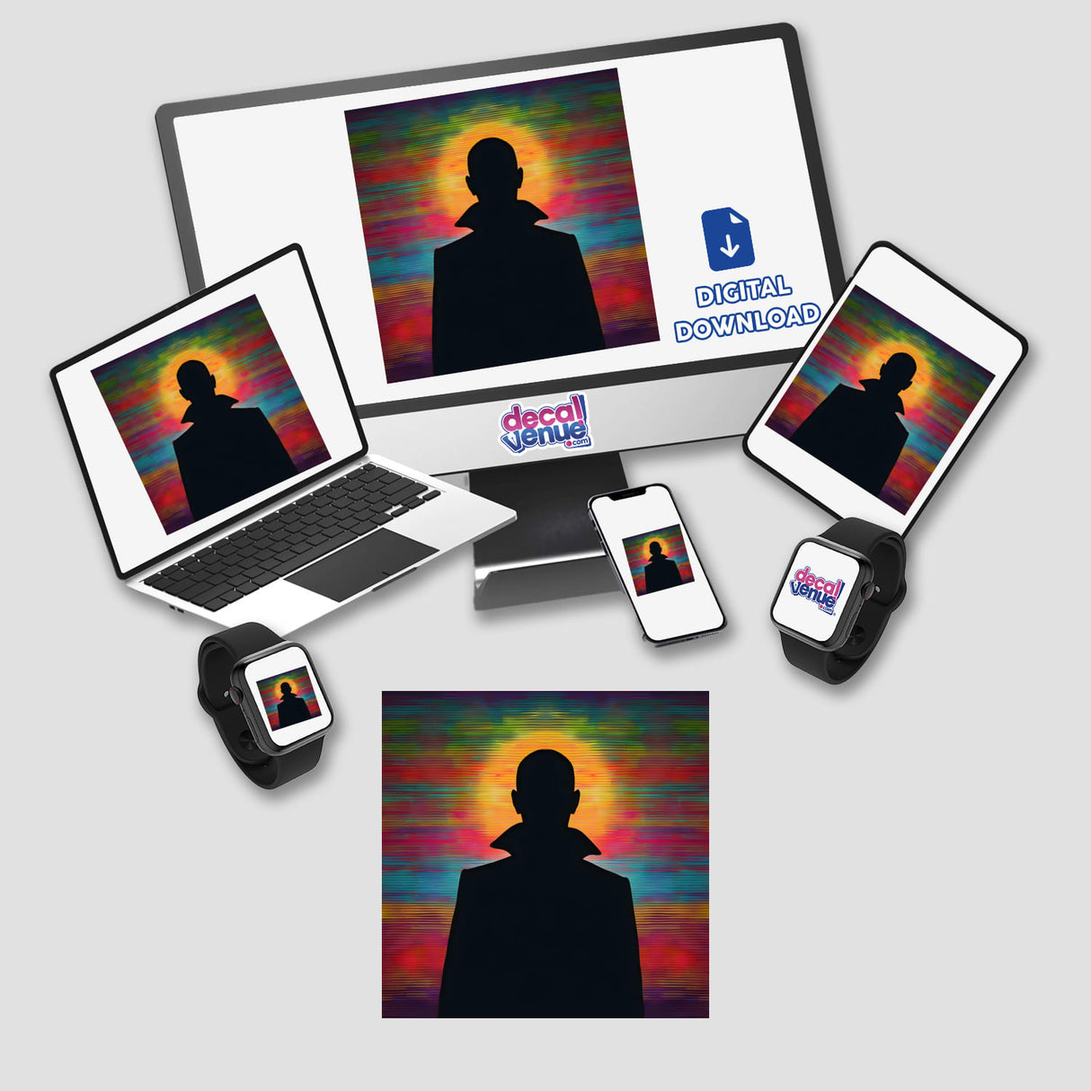 Vampire Silhouette with Colorful Horizontal Stripes Halloween displayed on a computer monitor and laptop screen, available as unique stickers or digital artwork from Decal Venue.