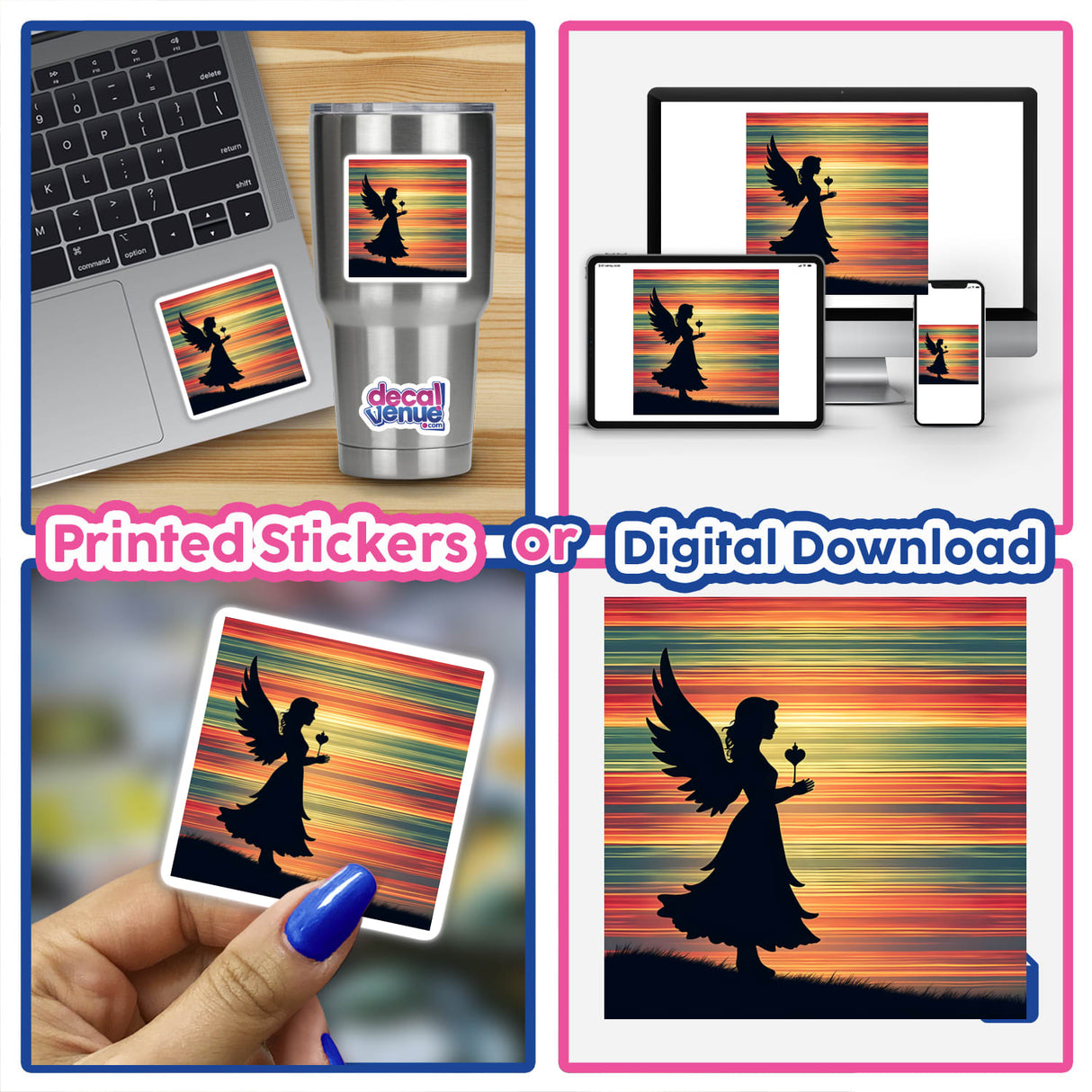 Angel Silhouette with Colorful Horizontal Stripes: A collage featuring a woman, sunset, laptop, and silhouettes of a woman holding a heart and flower. Available as stickers or digital artwork.
