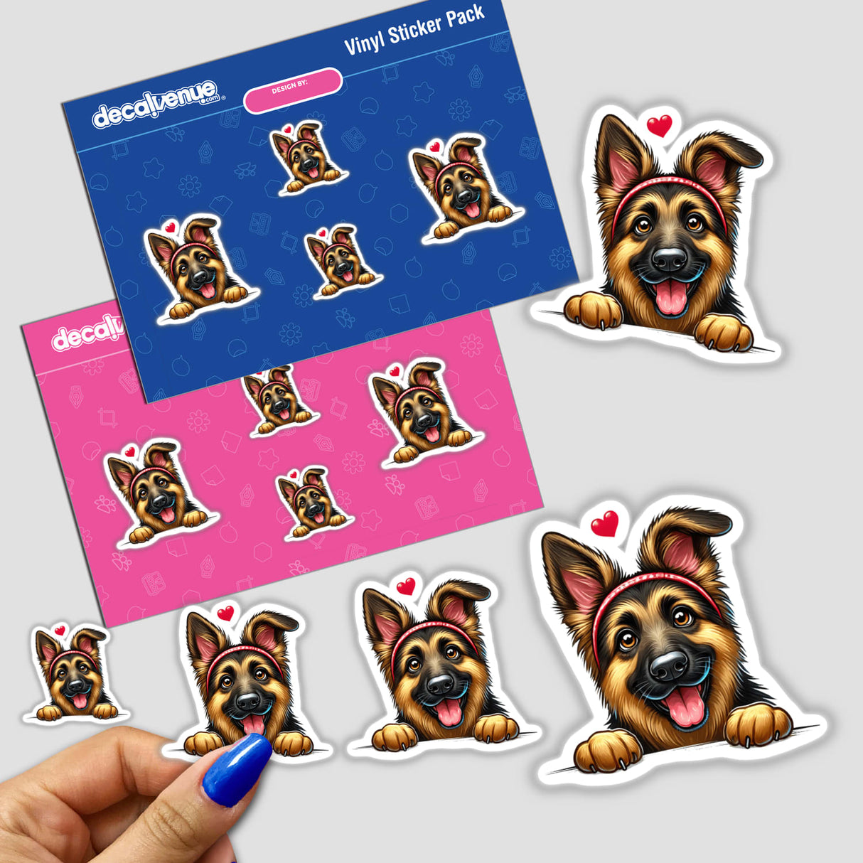 Peeking German Shepherd sticker featuring a cartoon dog's face, perfect for vinyl decal enthusiasts or digital artwork collectors from Decal Venue.