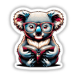 Koala Bear With Reading Glasses Open Book: An illustration of a koala wearing glasses, engrossed in a book, offered as stickers or digital artwork.