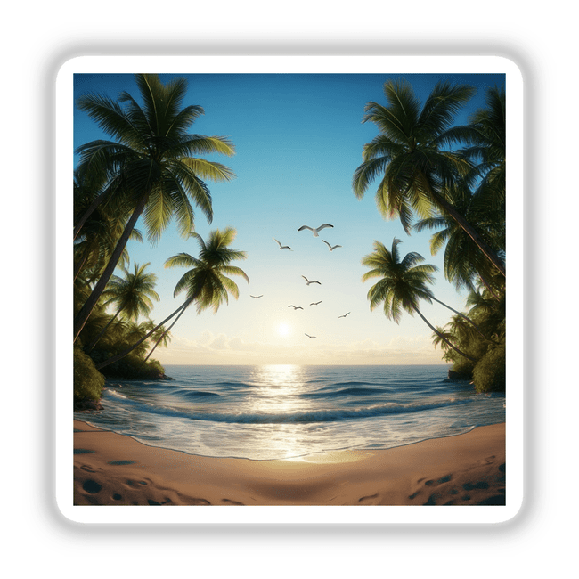Tranquil Sunset Seagulls Over Tropical Beach sticker or digital artwork, depicting a serene beach scene with palm trees and birds soaring above, capturing the essence of peaceful coastal beauty.