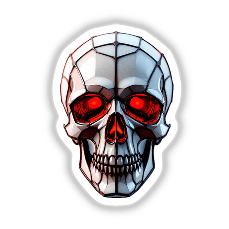 Skull Stained Glass Style artwork featuring a metal skull with red eyes, perfect for stickers or digital art enthusiasts.