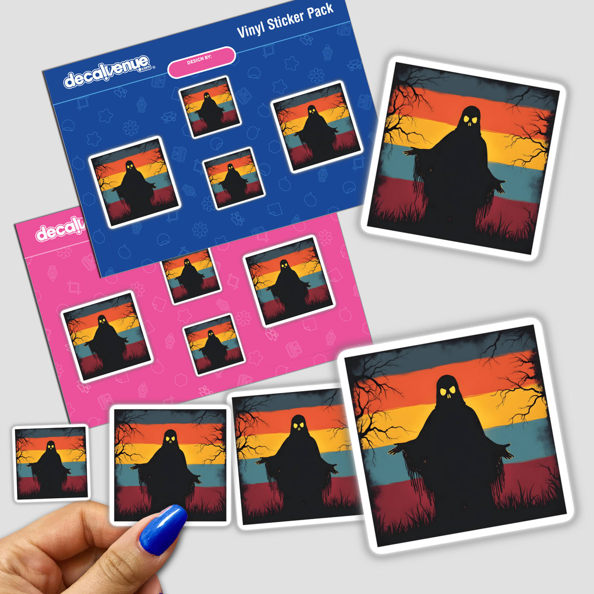 Hand holding Ghost Silhouette with Bold Color Stripes Halloween stickers, featuring a black ghost with yellow eyes and a vibrant, striped background, ideal for Halloween-themed decor.