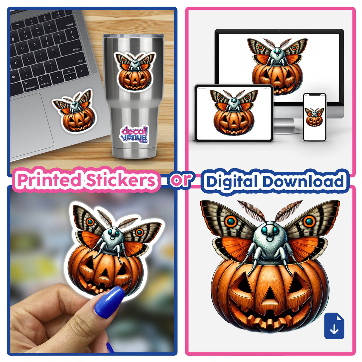 Artistic Halloween moth peeking out of pumpkin digital artwork, showcased on various devices and products from the Decal Venue store.