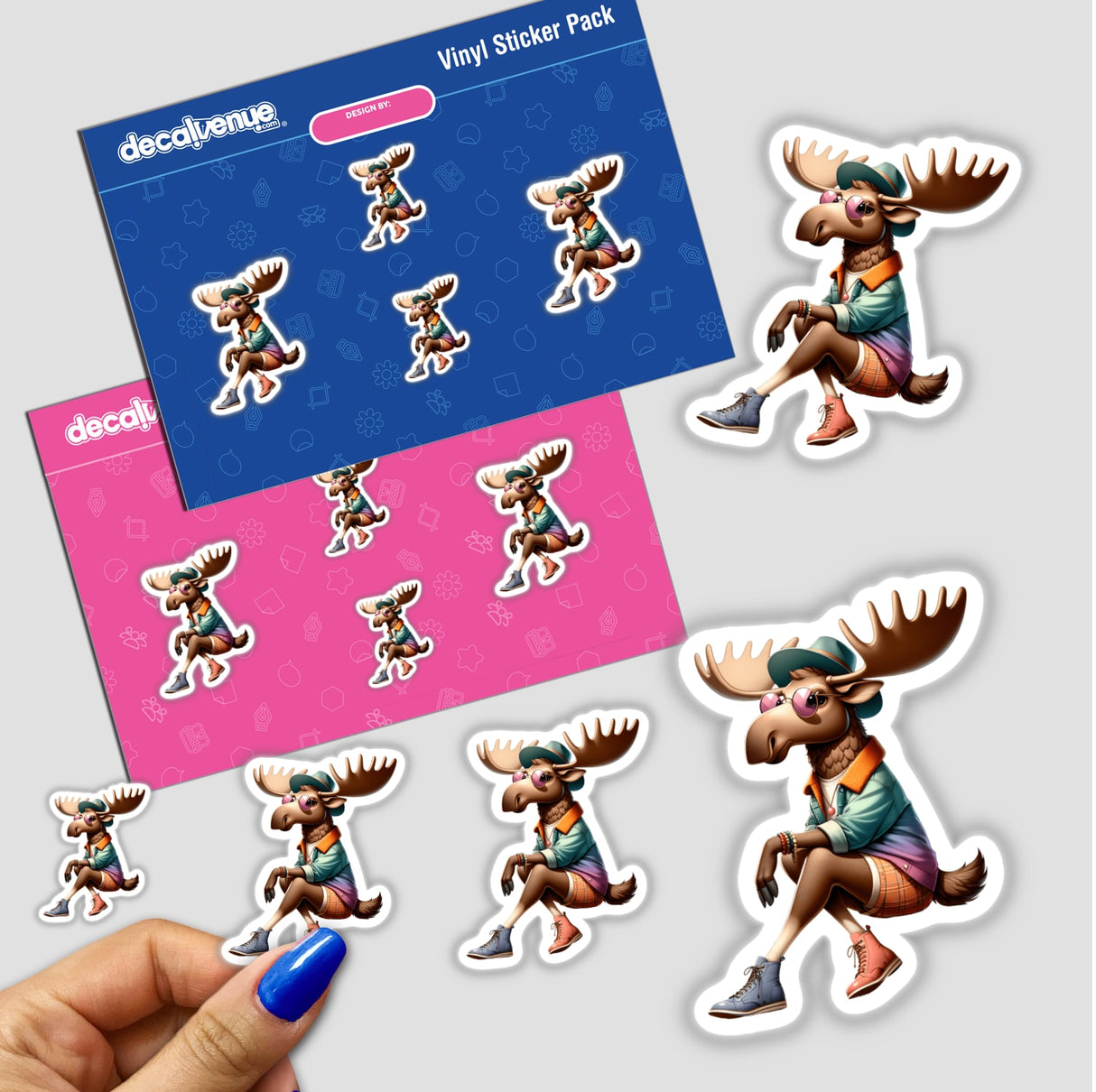 Stickers featuring Moose in Fashionable Clothing, showcasing various cartoon moose designs and a close-up of a hand holding a sticker.