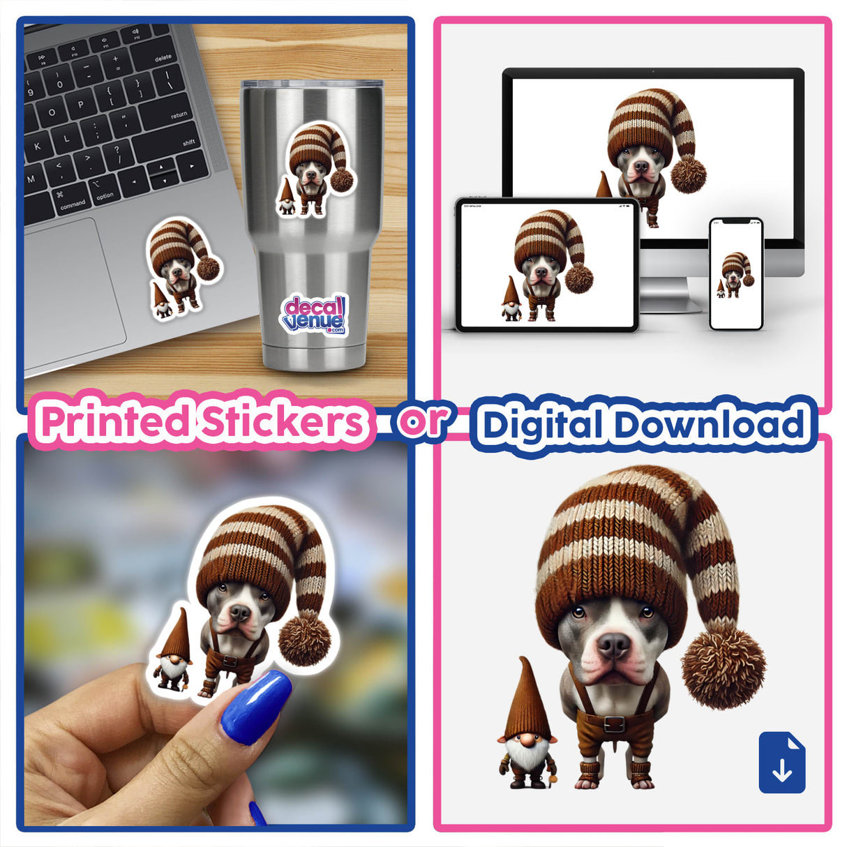 Pitbull Gnome with Chew Toy stickers or digital artwork featuring a collage of a dog with a laptop, a silver cup with stickers, and a dog in various outfits.